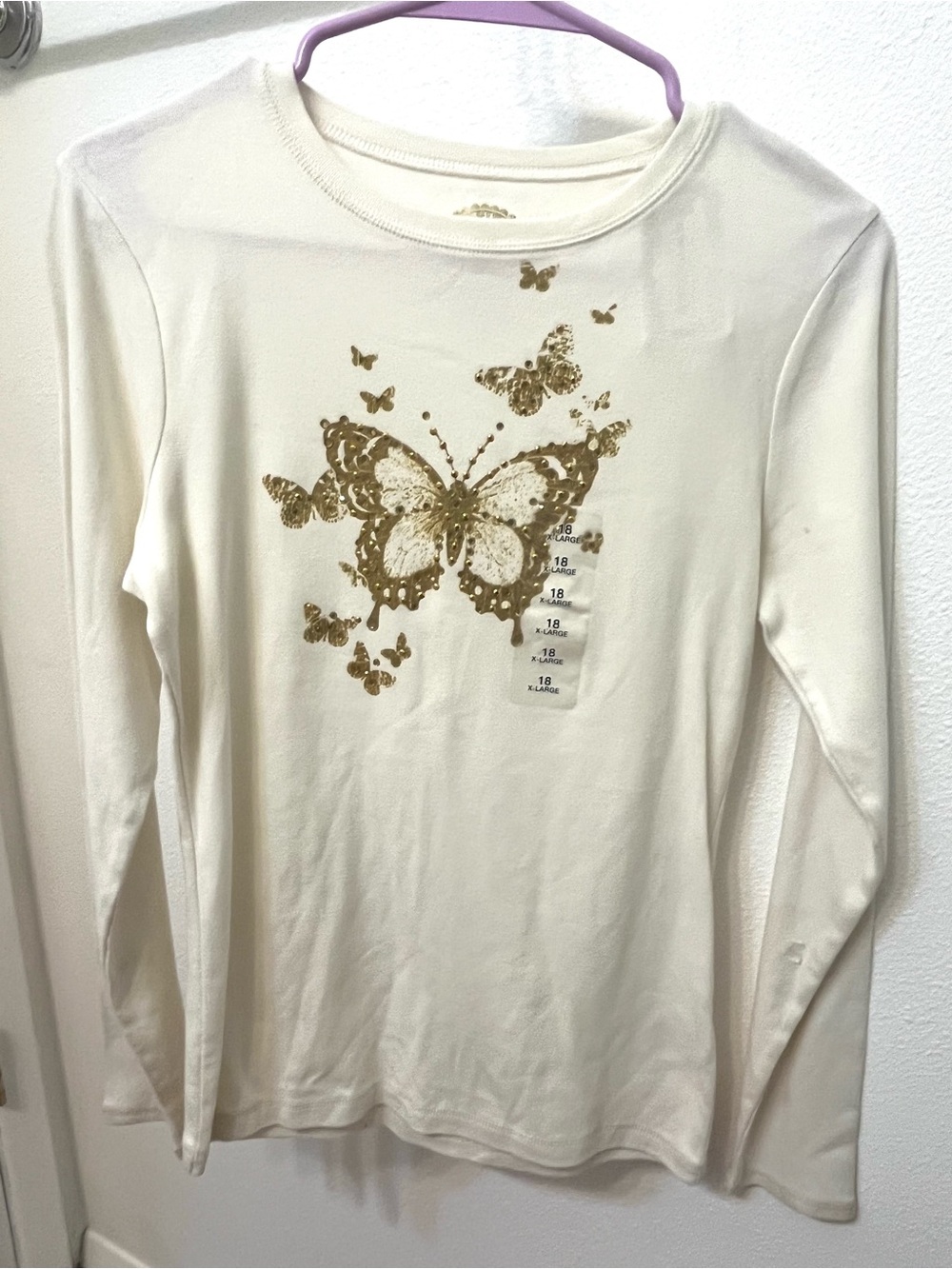 Girls Cream Long-Sleeve Butterfly Top with Gold Accent